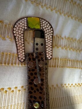 Source Unknown Brown Leopard Print Belt with Rhinestone Buckle and Green Accent